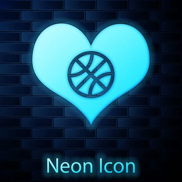 Coeur néon lumineux avec ballon de basket à l'intérieur icône isolée sur fond de mur de briques. L'amour du basket. Illustration vectorielle — Image vectorielle