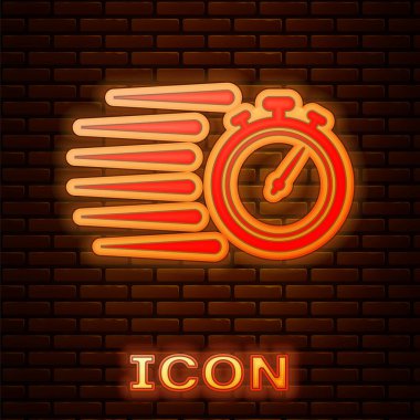 Parlayan neon saat simgesi tuğla duvar arka planında izole edildi. Zaman göstergesi. Kronometre işareti. Vektör İllüstrasyonu