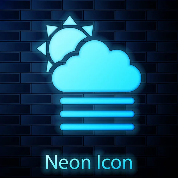 Glödande neon Dimma och moln med sol ikon isolerad på tegelvägg bakgrund. Vektor Illustration — Stock vektor