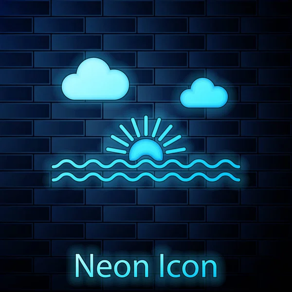 Gloeiende neon Sunset icoon geïsoleerd op bakstenen muur achtergrond. Vector Illustratie — Stockvector