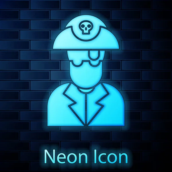 Leuchtende Neon-Piratenkapitäns-Ikone isoliert auf Backsteinmauer Hintergrund. Vektorillustration — Stockvektor