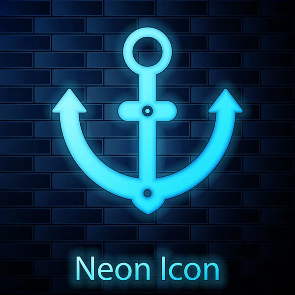 Leuchtende Neon-Anker-Symbol isoliert auf Backsteinwand Hintergrund. Vektorillustration — Stockvektor