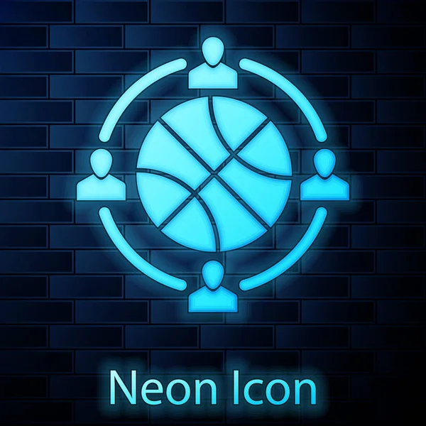 Glowing neon Clock with basketball ball inside icon isolated on brick wall background. Basketball time. Sport and training. Vector Illustration — Stock Vector