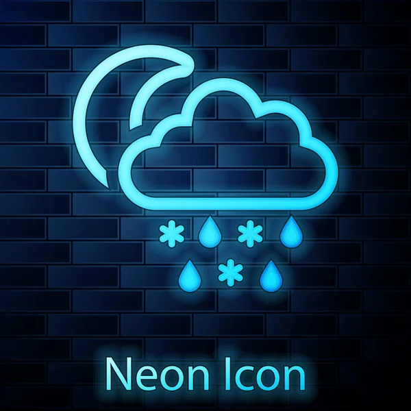 Gloeiende neon Cloud met sneeuw en regen pictogram geïsoleerd op bakstenen muur achtergrond. Het pictogram van het weer. Vectorillustratie — Stockvector