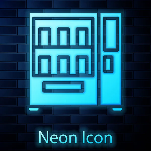 Neon incandescente Distributore automatico di cibo e bevande icona di vendita automatica isolato su sfondo muro di mattoni. Illustrazione vettoriale — Vettoriale Stock