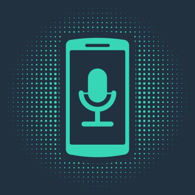 Yeşil Mobil kayıt simgesi mavi arkaplanda izole edildi. Mikrofonlu cep telefonu. Ses kaydedici uygulama akıllı telefon arayüzü. Soyut çember rastgele noktalar. Vektör İllüstrasyonu