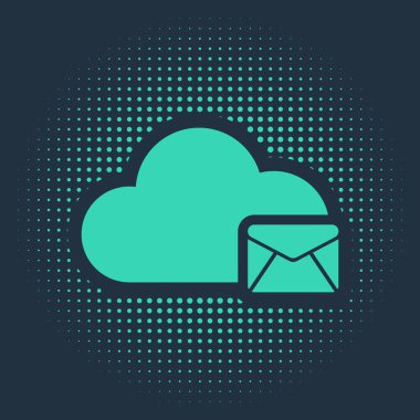 Mavi arkaplanda Yeşil Bulut posta sunucusu simgesi izole edildi. E- posta için bulut sunucusu. Online mesaj servisi. Posta kutusu işareti. Soyut çember rastgele noktalar. Vektör İllüstrasyonu
