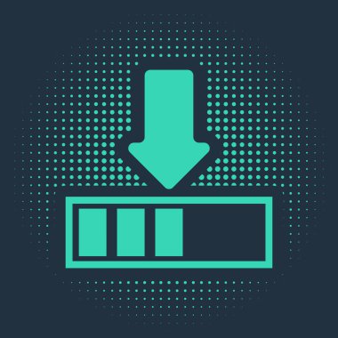 Mavi arkaplanda yeşil yükleme simgesi izole edildi. İndirme devam ediyor. İlerleme çubuğu simgesi. Soyut çember rastgele noktalar. Vektör İllüstrasyonu