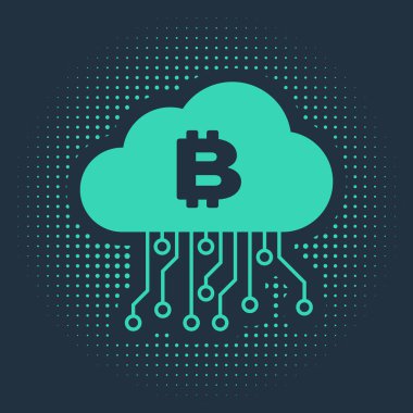 Yeşil Kripto para birimi bulut maden ikonu mavi arka planda izole. Engelleme teknolojisi, bitcoin, dijital para piyasası, kripto para cüzdanı. Soyut çember rastgele noktalar. Vektör İllüstrasyonu