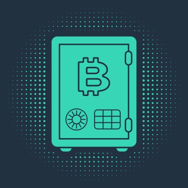 Mavi arka planda kazık ikonunun yeşil kanıtı var. Kripto para birimi ekonomisi ve finans koleksiyonu. Soyut çember rastgele noktalar. Vektör İllüstrasyonu