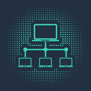 Mavi arkaplanda yeşil bilgisayar ağı simgesi izole edildi. Laptop ağı. İnternet bağlantısı. Soyut çember rastgele noktalar. Vektör İllüstrasyonu