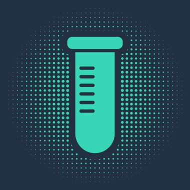 Yeşil test tüpü ya da matara - kimyasal laboratuvar test ikonu mavi arka planda izole edildi. Laboratuvar, bilimsel cam levha. Soyut çember rastgele noktalar. Vektör İllüstrasyonu