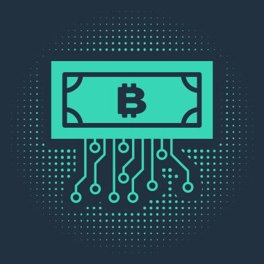 Mavi arka planda izole edilmiş mikroçip devre ikonu ile daire içinde yeşil kripto para birimi bitcoin. Engelleme teknolojisi, dijital para piyasası. Soyut çember rastgele noktalar. Vektör İllüstrasyonu
