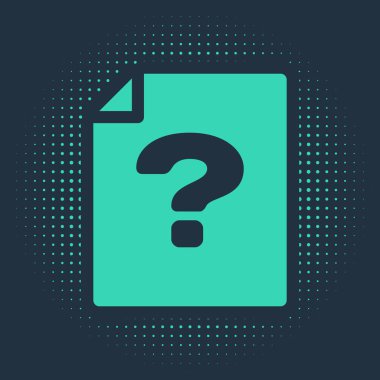 Mavi arkaplanda yeşil bilinmeyen belge simgesi izole edildi. Soru işareti olan dosya. Raporu, servisi ve küresel arama işaretini beklet. Soyut çember rastgele noktalar. Vektör İllüstrasyonu