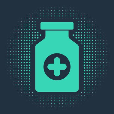 Mavi arka planda yeşil ilaç şişesi simgesi izole edildi. Şişe hapı işareti. Eczane tasarımı. Soyut çember rastgele noktalar. Vektör İllüstrasyonu