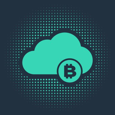 Yeşil Kripto para birimi bulut maden ikonu mavi arka planda izole. Engelleme teknolojisi, bitcoin, dijital para piyasası, kripto para cüzdanı. Soyut çember rastgele noktalar. Vektör İllüstrasyonu