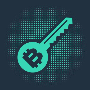 Mavi arkaplanda yeşil kripto para birimi simgesi izole edildi. Siber güvenlik kavramı ya da özel anahtar, teknolojik arayüzlü dijital anahtar. Soyut çember rastgele noktalar. Vektör İllüstrasyonu