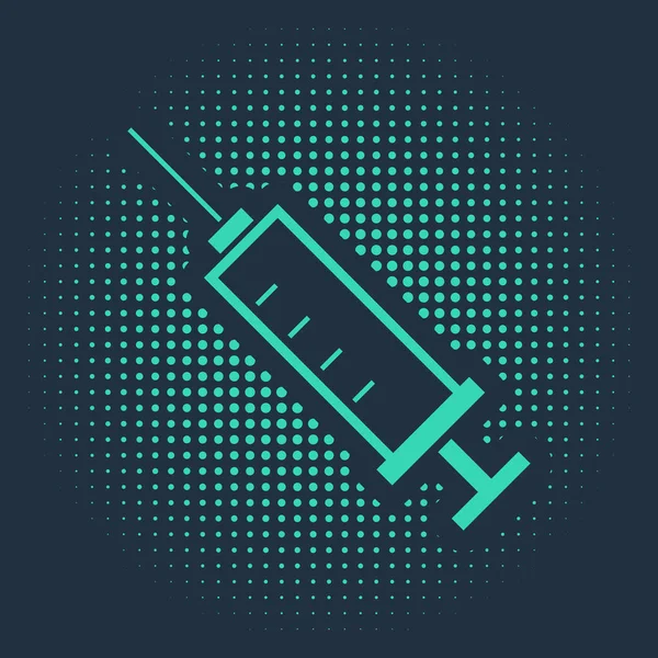 Grön Spruta ikon isolerad på blå bakgrund. Spruta för vaccin, vaccination, injektion, influensaspruta. Medicinsk utrustning. Abstrakt cirkel slumpmässiga prickar. Vektor Illustration — Stock vektor