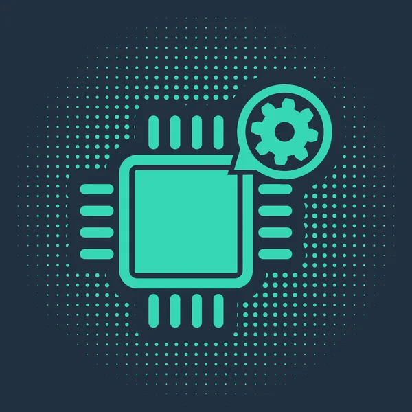 Green Processor and gear icon isolated on blue background. CPU, chip service concept. Adjusting app, setting options, maintenance, repair, fixing. Abstract circle random dots. Vector Illustration — Stock Vector