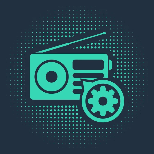 Green Radio with antenna and gear icon isolated on blue background. Adjusting app, service concept, setting options, maintenance, repair, fixing. Abstract circle random dots. Vector Illustration — ストックベクタ