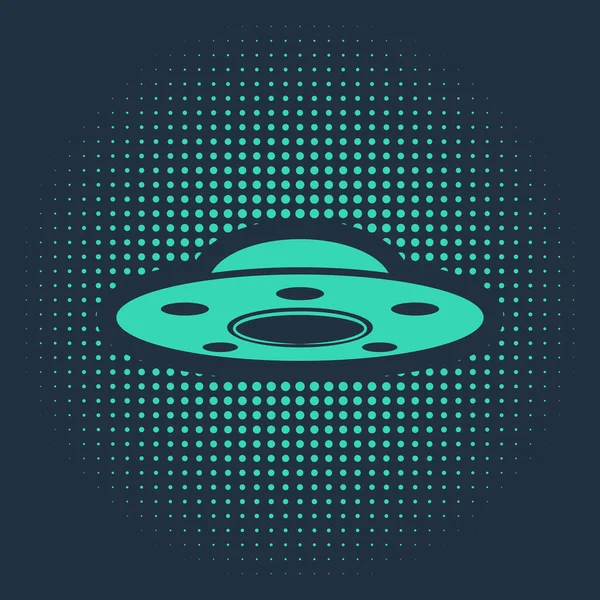 Ícone de nave espacial voadora UFO verde isolado em fundo azul. Um disco voador. Nave espacial alienígena. Objeto voador desconhecido futurista. Pontos aleatórios de círculo abstrato. Ilustração vetorial —  Vetores de Stock