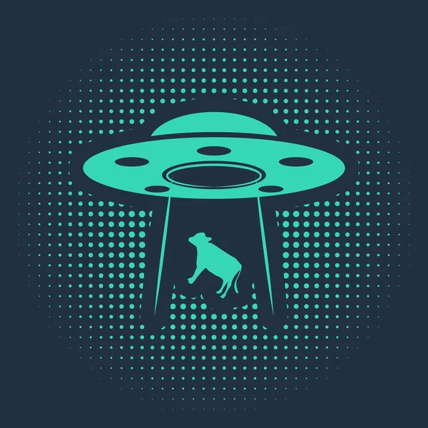 Green UFO abducts cow icon isolated on blue background. Flying saucer. Alien space ship. Futuristic unknown flying object. Abstract circle random dots. Vector Illustration — Stock Vector