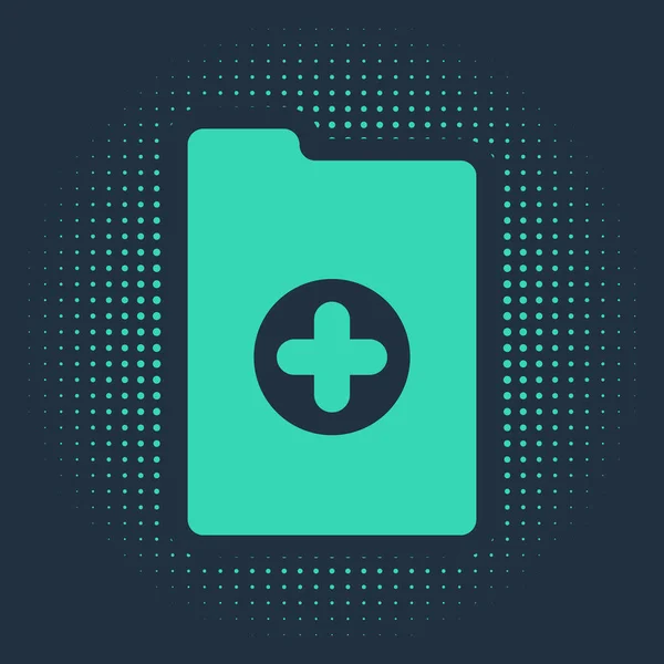 青の背景に隔離された臨床記録アイコンと緑の医療用クリップボード。健康保険の形態。処方薬のチェックマーク報告書抽象円のランダムなドット。ベクターイラスト — ストックベクタ