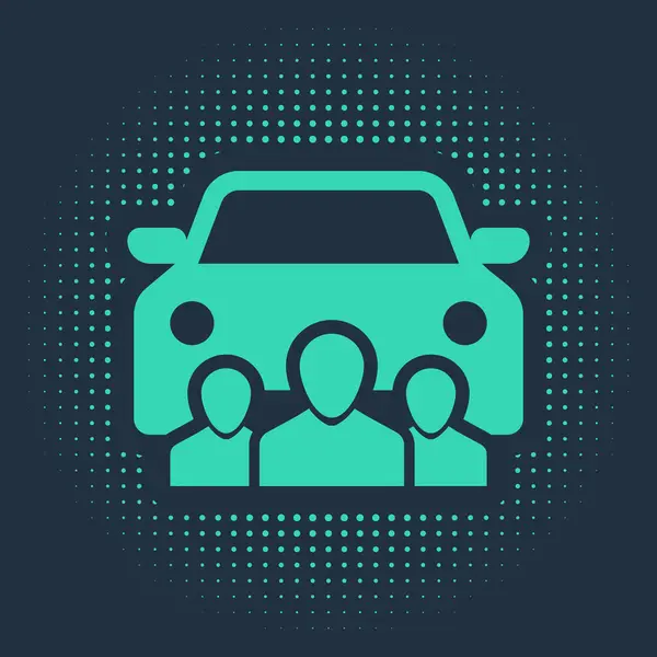 Green Car partilha com o grupo de pessoas ícone isolado no fundo azul. Sinal de partilha de carros. Conceito de serviço de aluguer de transporte. Pontos aleatórios de círculo abstrato. Ilustração vetorial —  Vetores de Stock