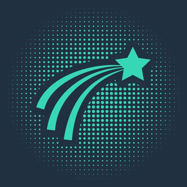 Green Falling star icon isolated on blue background. Shooting star with star trail. Meteoroid, meteorite, comet, asteroid, star icon. Abstract circle random dots. Vector Illustration — Stock Vector