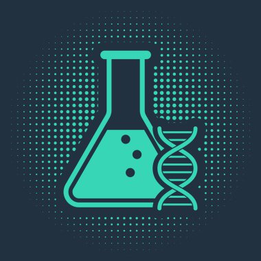 Yeşil DNA araştırması, mavi arkaplanda izole edilmiş bir arama simgesi. Genetik mühendisliği, genetik testler, klonlama, babalık testleri. Soyut çember rastgele noktalar. Vektör İllüstrasyonu