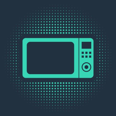 Mavi arkaplanda yeşil mikrodalga fırın ikonu var. Ev aletleri simgesi. Soyut çember rastgele noktalar. Vektör İllüstrasyonu