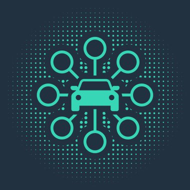 Mavi arkaplanda yeşil araba paylaşım simgesi izole edildi. Araba paylaşım tabelası. Nakliye hizmeti konsepti. Soyut çember rastgele noktalar. Vektör İllüstrasyonu