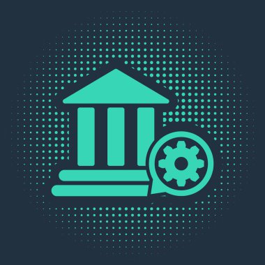 Green Bank binası ve vites simgesi mavi arka planda izole edildi. Uygulama, servis konsepti, ayar seçenekleri, bakım, onarım, onarım. Soyut çember rastgele noktalar. Vektör İllüstrasyonu