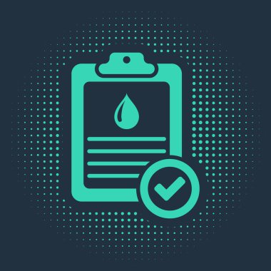 Mavi arka planda, üzerinde kan testi ikonu olan yeşil tıbbi pano. Klinik kayıtları, reçeteli ilaçlar, sağlık kontrolü raporları. Soyut çember rastgele noktalar. Vektör İllüstrasyonu