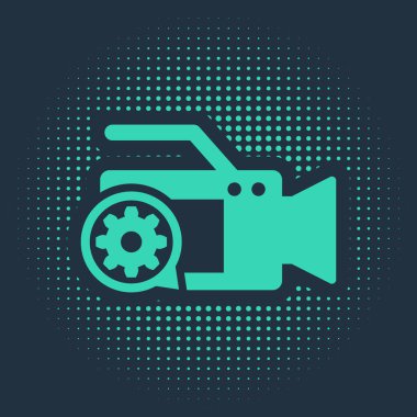 Mavi arkaplanda yeşil kamera ve dişli ikonu izole edildi. Uygulama, servis konsepti, ayar seçenekleri, bakım, onarım, onarım. Soyut çember rastgele noktalar. Vektör İllüstrasyonu