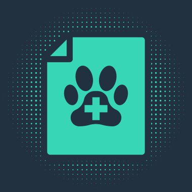 Mavi arka planda köpek ya da kedi simgesiyle seyahat için yeşil tıp sertifikası. Evcil hayvan için belge. Köpek ya da kedi pençesi izi. Soyut çember rastgele noktalar. Vektör İllüstrasyonu