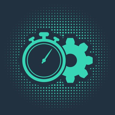 Yeşil Zaman Yönetimi simgesi mavi arkaplanda izole edildi. Saat ve vites tabelası. Üretkenlik sembolü. Soyut çember rastgele noktalar. Vektör İllüstrasyonu