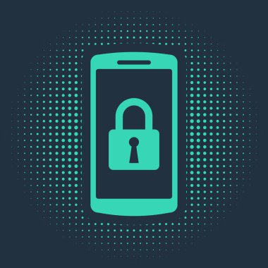 Mavi arkaplanda kapalı asma kilit simgesine sahip yeşil akıllı telefon izole edildi. Kilitli telefon. Gezici güvenlik, güvenlik, koruma konsepti. Soyut çember rastgele noktalar. Vektör İllüstrasyonu