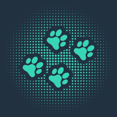 Mavi arkaplanda yeşil patili iz simgesi izole edildi. Köpek ya da kedi pençesi izi. Hayvan izleri. Soyut çember rastgele noktalar. Vektör İllüstrasyonu