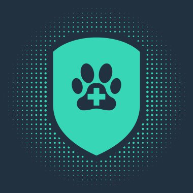 Mavi arka planda yeşil hayvan sağlık sigortası ikonu izole edildi. Hayvan koruma ikonu. Köpek ya da kedi pençesi izi. Soyut çember rastgele noktalar. Vektör İllüstrasyonu