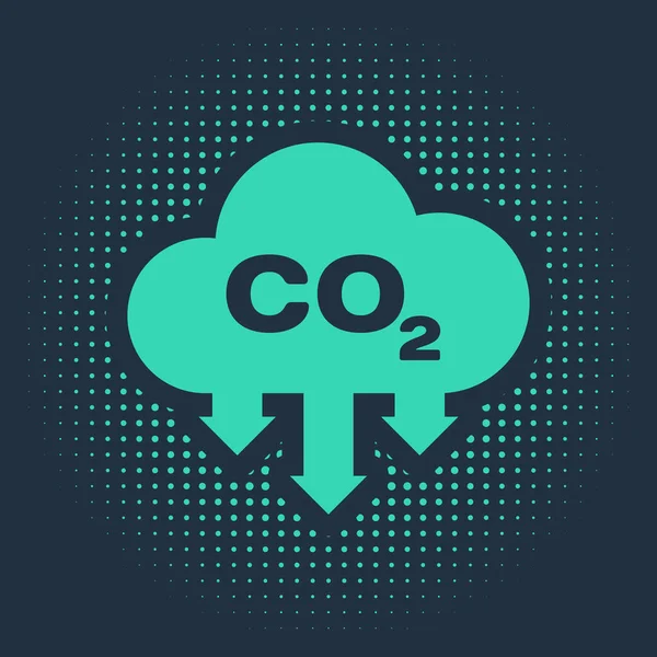 Emissioni di CO2 verde nell'icona della nuvola isolata su sfondo blu. Simbolo formula anidride carbonica, concetto di inquinamento da smog, concetto di ambiente. Cerchi astratti puntini casuali. Illustrazione vettoriale — Vettoriale Stock