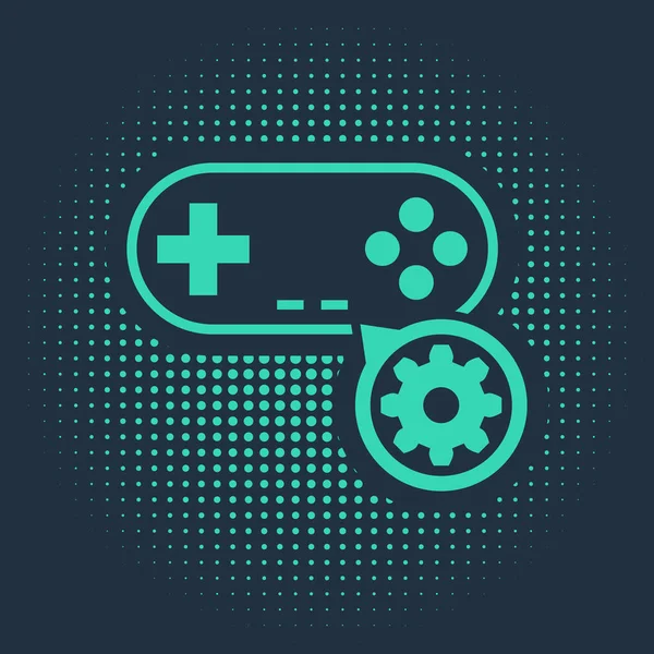 Zöld Gamepad és fogaskerék ikon elszigetelt kék háttérrel. Alkalmazás beállítása, szolgáltatási koncepció, beállítási lehetőségek, karbantartás, javítás, javítás. Absztrakt kör véletlenszerű pontok. Vektorillusztráció — Stock Vector