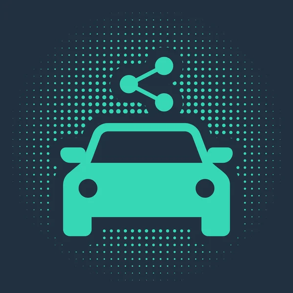 Icono para compartir coche verde aislado sobre fondo azul. Carsharing signo. Transporte alquiler concepto de servicio. Puntos aleatorios de círculo abstracto. Ilustración vectorial — Archivo Imágenes Vectoriales