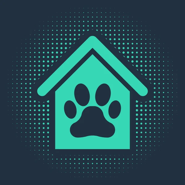 緑の犬の家と足の印刷ペットのアイコンは青の背景に隔離された 犬の犬小屋抽象円のランダムなドット ベクターイラスト — ストックベクタ