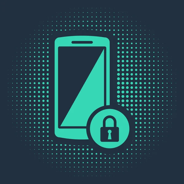 Green Smartphone Closed Padlock Icon Isolated Blue Background Phone Lock — Stock Vector