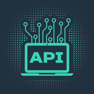 Yeşil Bilgisayar Ağı arayüz simgesi mavi arkaplanda izole edildi. Uygulama programlama arayüzü Api teknolojisi. Yazılım entegrasyonu Soyut çember rastgele noktalar. Vektör İllüstrasyonu