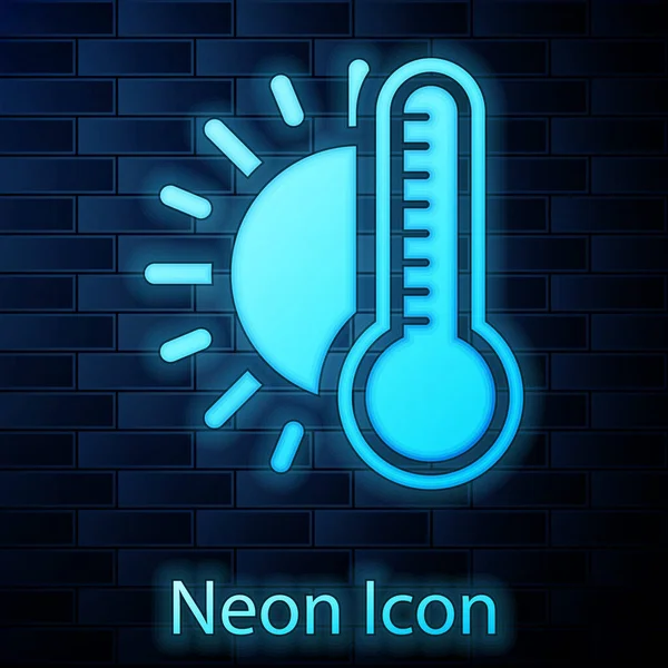 Светящийся Неоновый Термометр Иконкой Солнца Фоне Кирпичной Стены Векторная Миграция — стоковый вектор