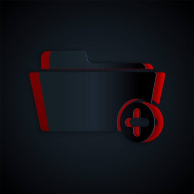 Siyah arka planda izole edilmiş sağlık ikonu için kağıt kesiği tıbbi kayıt klasörü. Hasta dosya simgesi. Tıbbi geçmiş sembolü. Kağıt sanatı tarzı. Vektör İllüstrasyonu