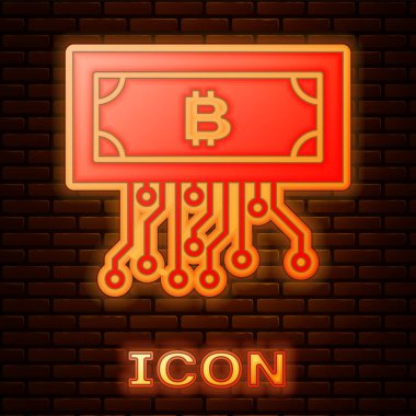 Tuğla duvar arka planda izole mikroçip devre simgesi ile daire içinde parlayan neon Cryptocurrency bitcoin. Blockchain teknolojisi, dijital para piyasası. Vektör İllüstrasyonu