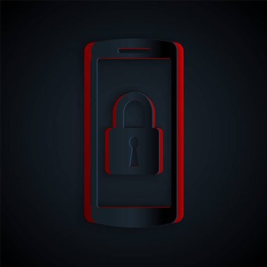 Kağıt kesikli Smartphone, siyah arkaplanda kapalı asma kilit simgesi var. Kilitli telefon. Gezici güvenlik, güvenlik, koruma konsepti. Kağıt sanatı tarzı. Vektör İllüstrasyonu